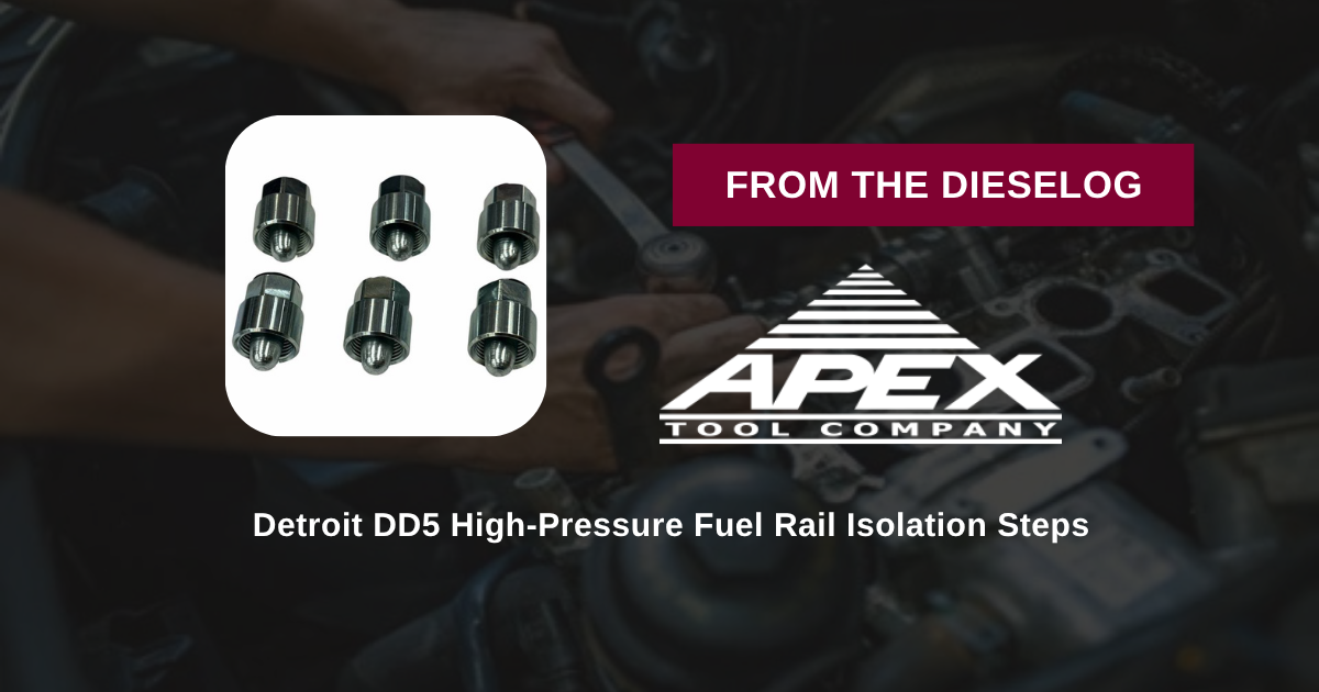 Step-by-step close up layout of ATC W936589019100 high pressure test cap threaded onto a Detroit DD5 fuel rail port